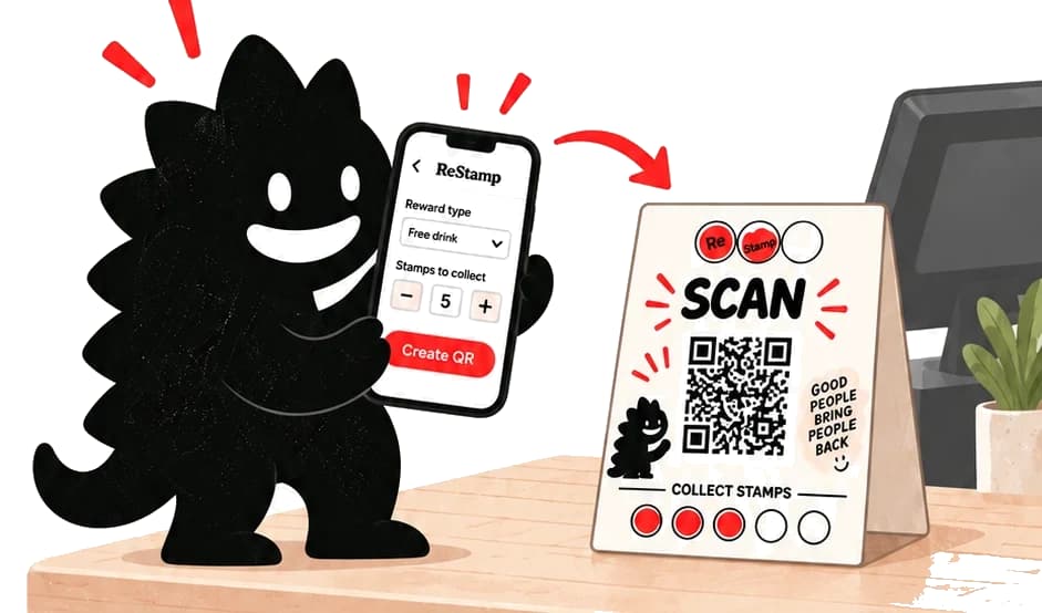 Pemilik bisnis mengatur hadiah di aplikasi di samping kartu QR di kasir