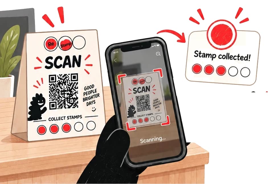 Pelanggan memindai kartu QR di kasir dan mengumpulkan stamp